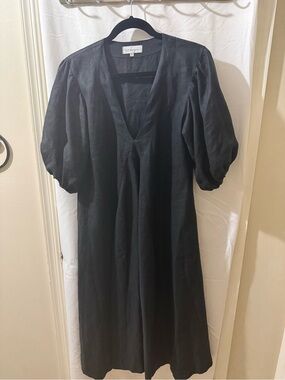 LJC Designs Black V-Neck Linen-Blend Midi Dress with Puff Shoulders runs large